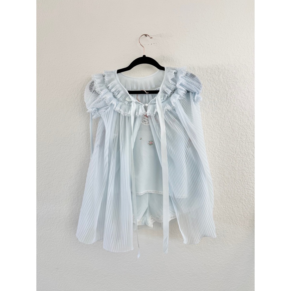 Vintage Babydoll Nightgown Chiffon Pleated Light Blue Lace Ruffle Sleepwear S